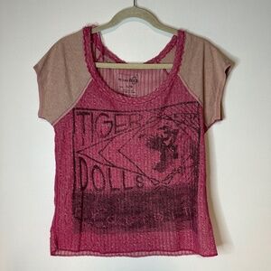 We The Free People TIGER DOLLS Pink Purple Textured Knit Printed Top T-Shirt